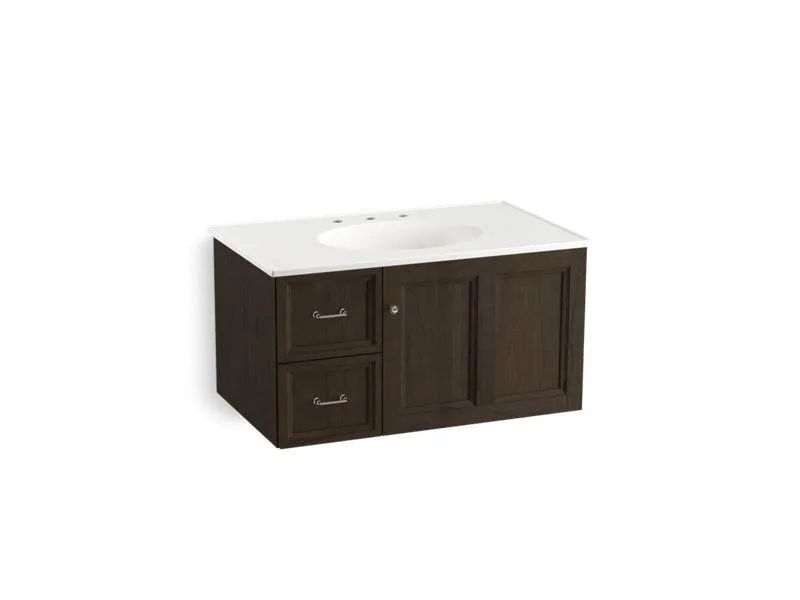 KOHLER K-99520-L-1WA Damask 36" wall-hung bathroom vanity cabinet with 1 door and 2 drawers on left