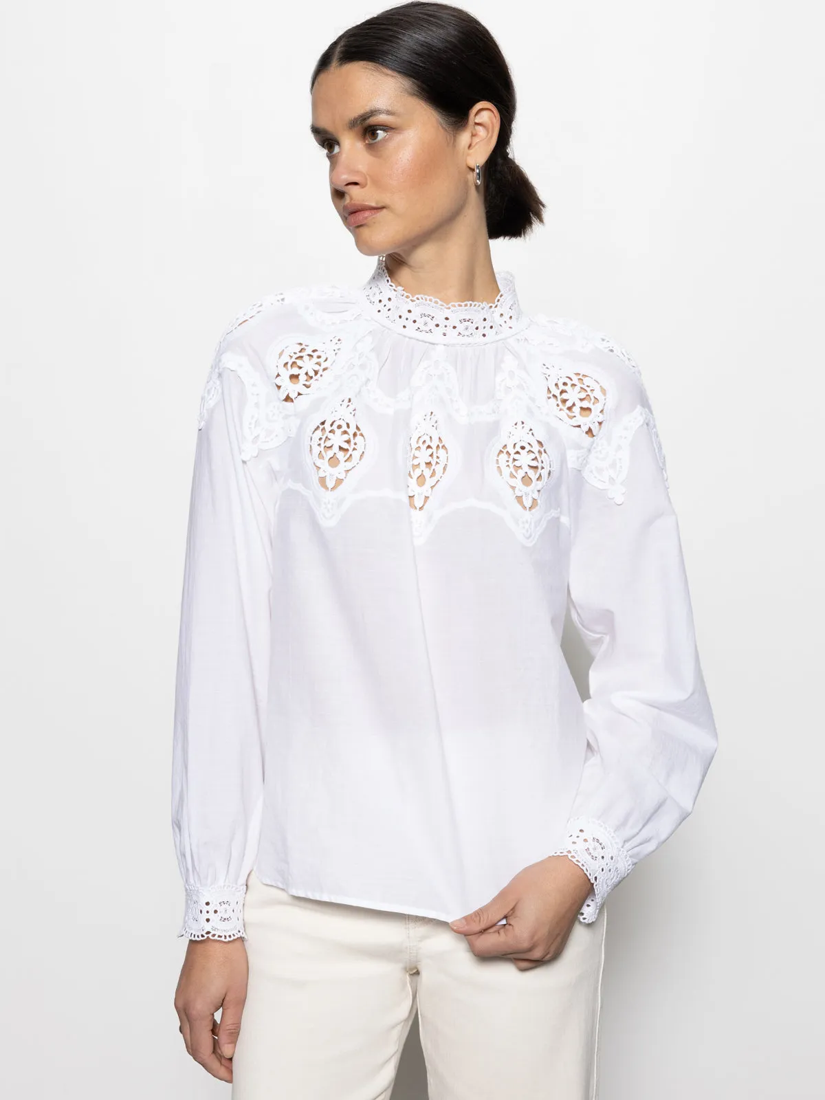 LACE POPOVER BLOUSE - WHITE