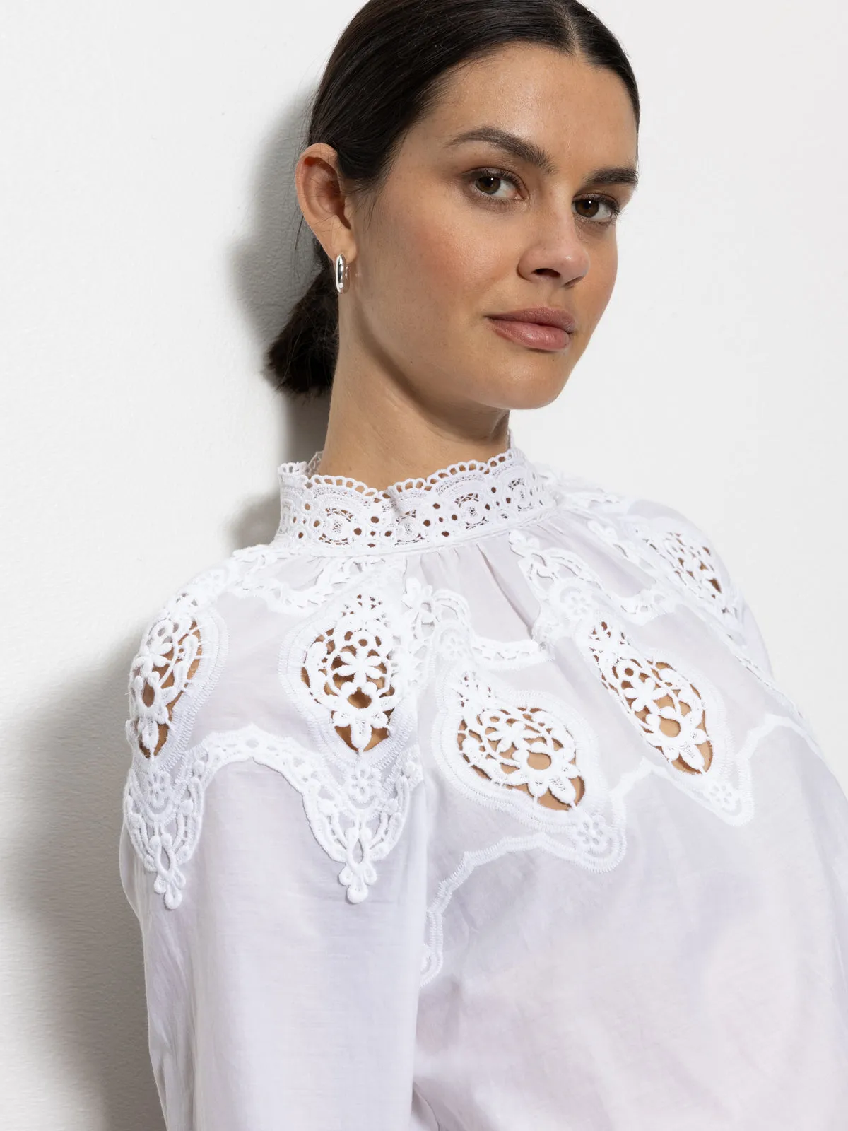 LACE POPOVER BLOUSE - WHITE