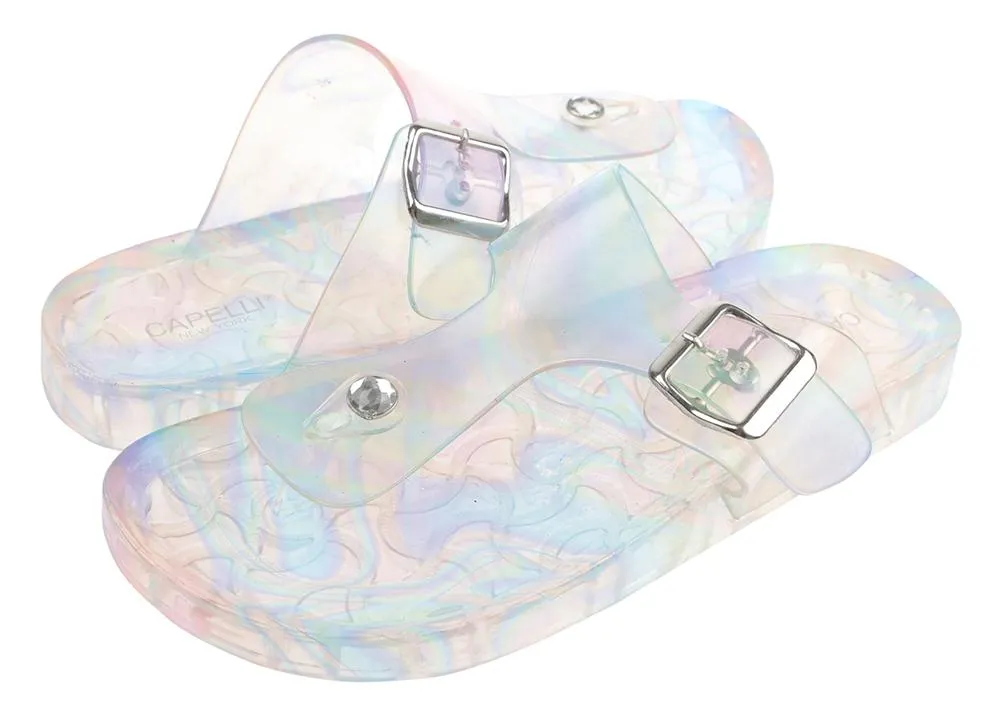 Ladies Iridescent Transparent PVC T-Strap Sandal with Buckle