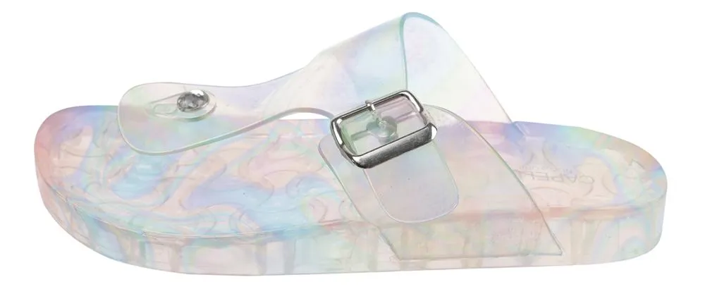 Ladies Iridescent Transparent PVC T-Strap Sandal with Buckle