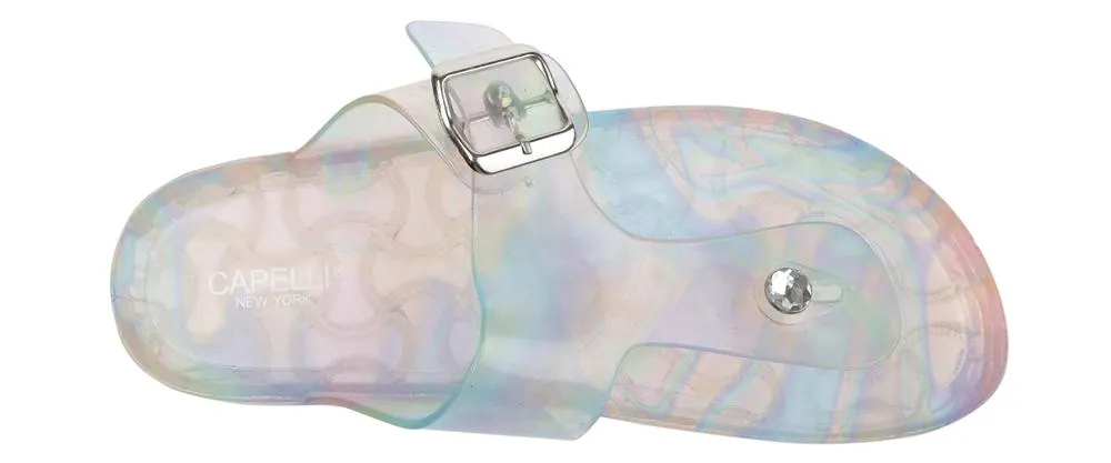 Ladies Iridescent Transparent PVC T-Strap Sandal with Buckle