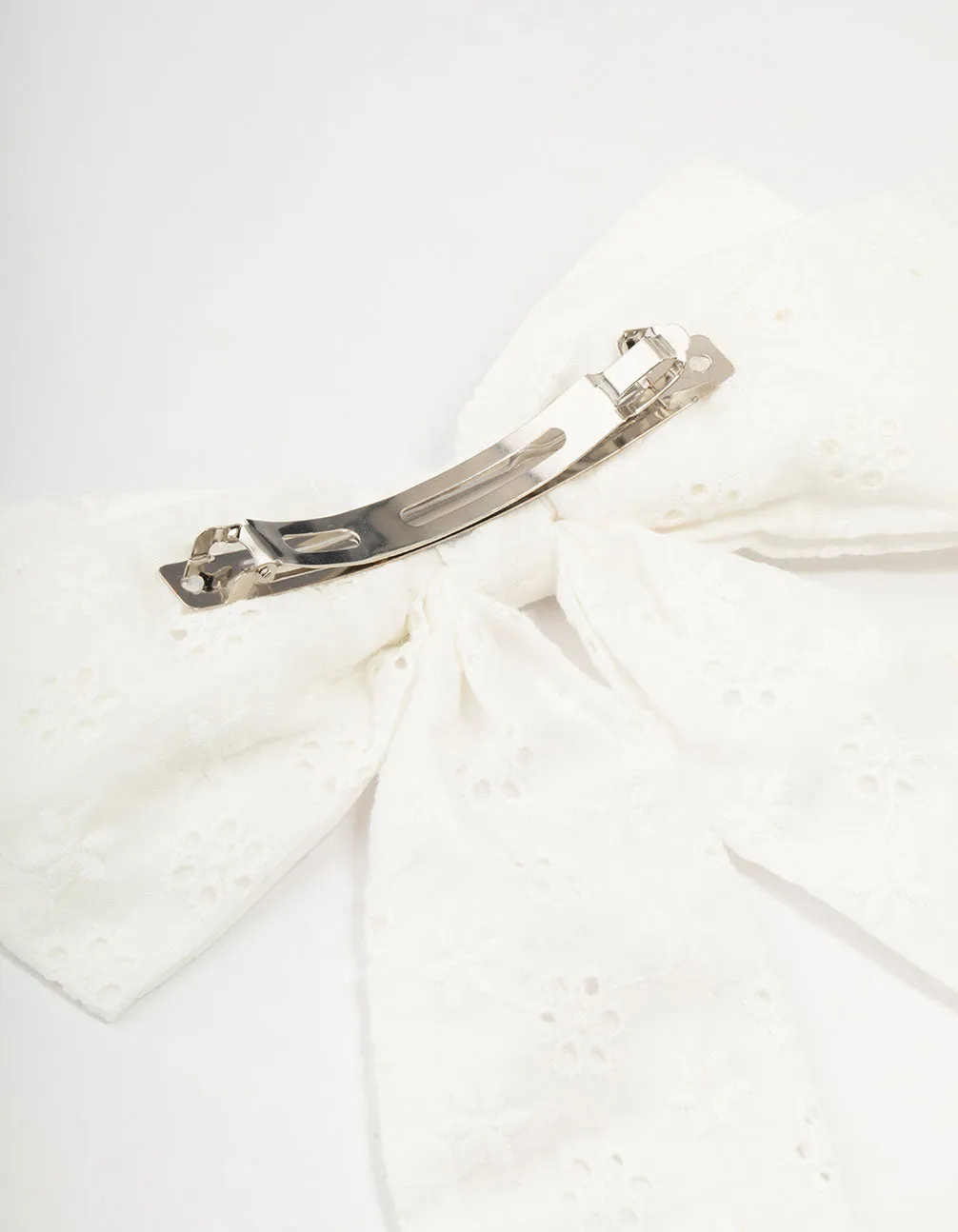 Large White Fabric Broderie Bow Clip