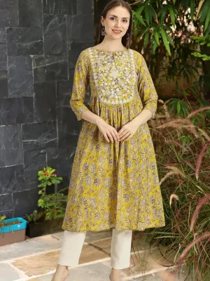 Mustard Printed Cotton Kurta with Neck Embroidery
