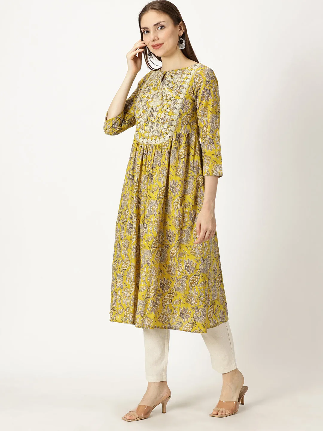 Mustard Printed Cotton Kurta with Neck Embroidery