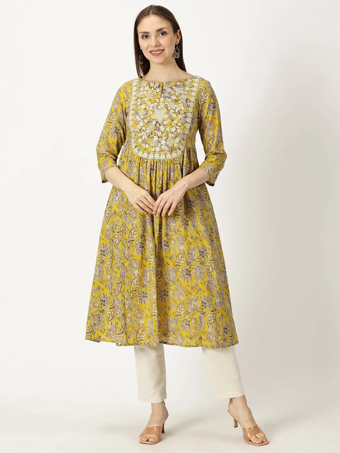 Mustard Printed Cotton Kurta with Neck Embroidery