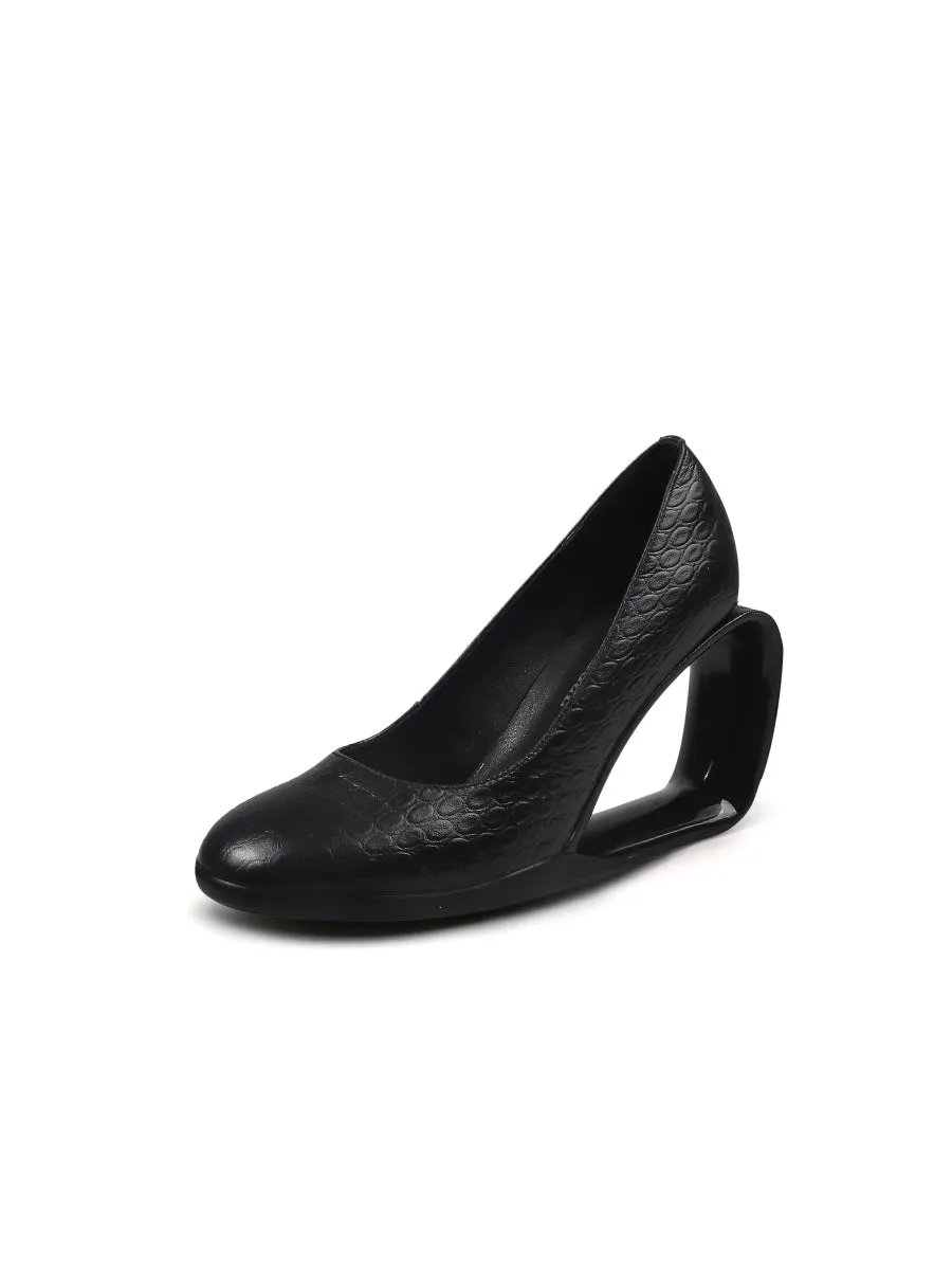 Open Triangle-Heel Leather Pump - Black