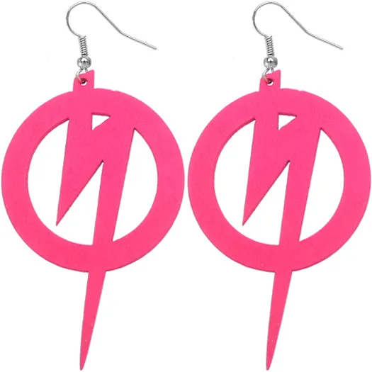 Pink Wooden Round Lightning Thunderbolt Earrings