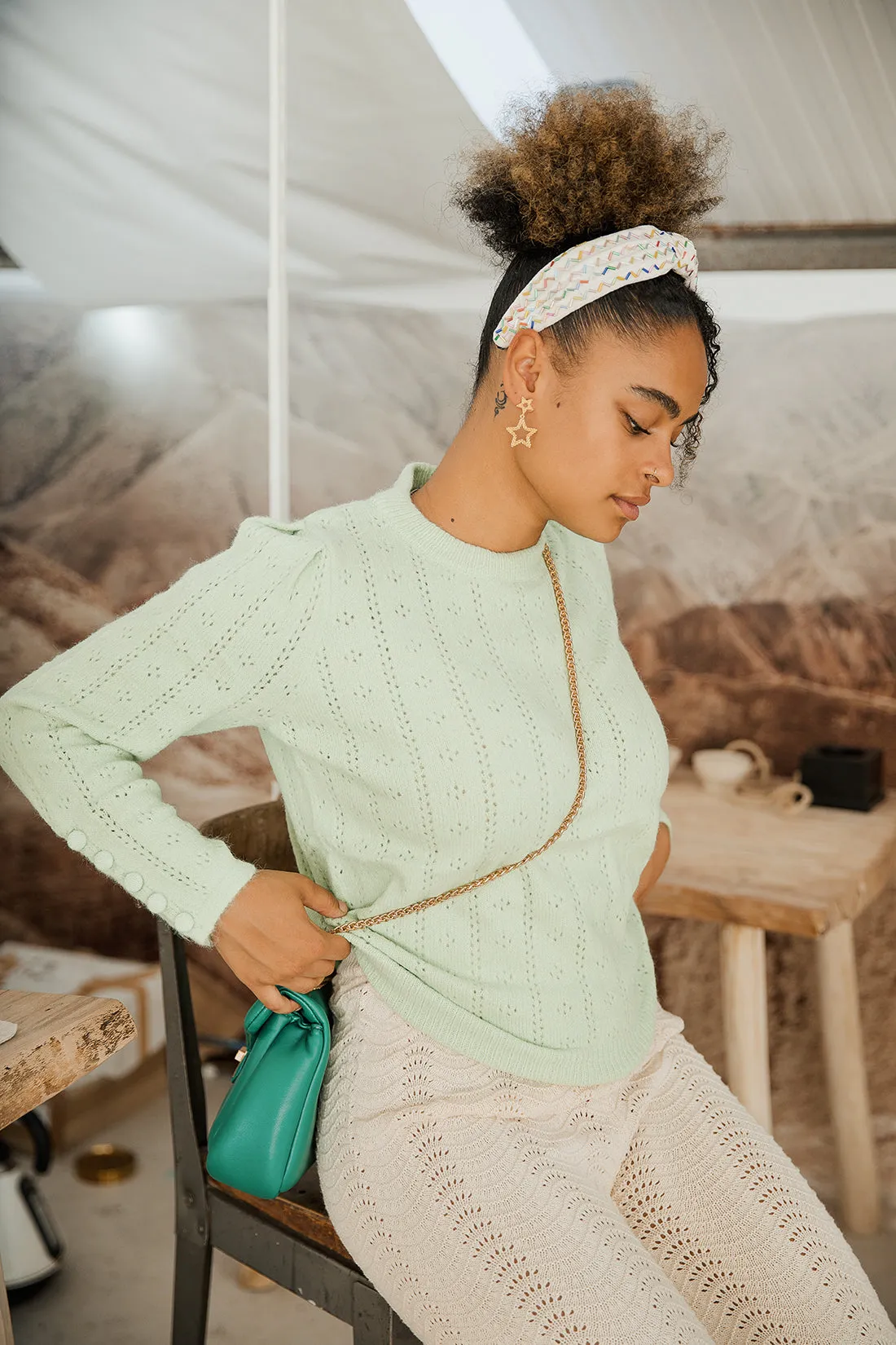 Pointelle Knit Button Sleeve Jumper