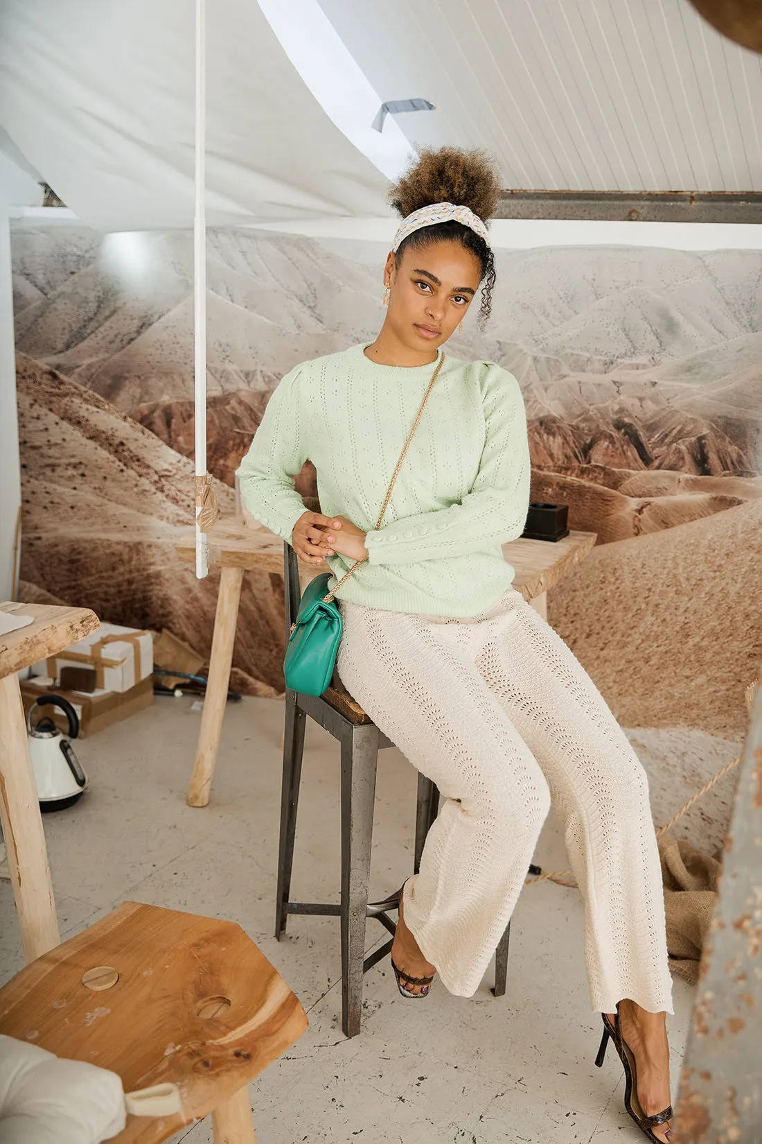 Pointelle Knit Button Sleeve Jumper