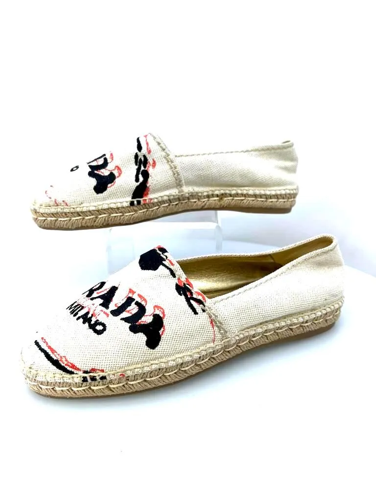 PRADA EMBROIDERED LOGO CANVAS ESPADRILLS