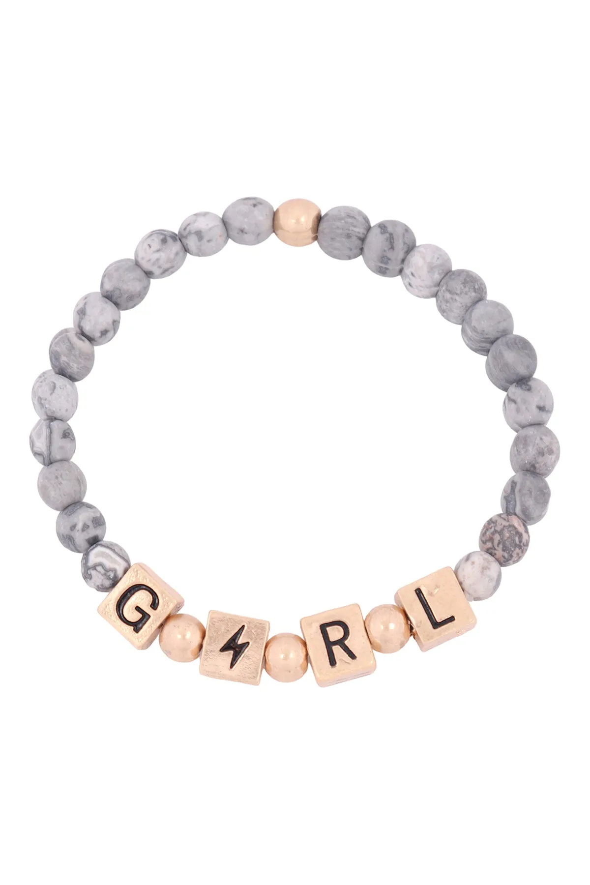 QB2150 - "GIRL" METAL BLOCK NATURAL STONE STRETCH BRACELET