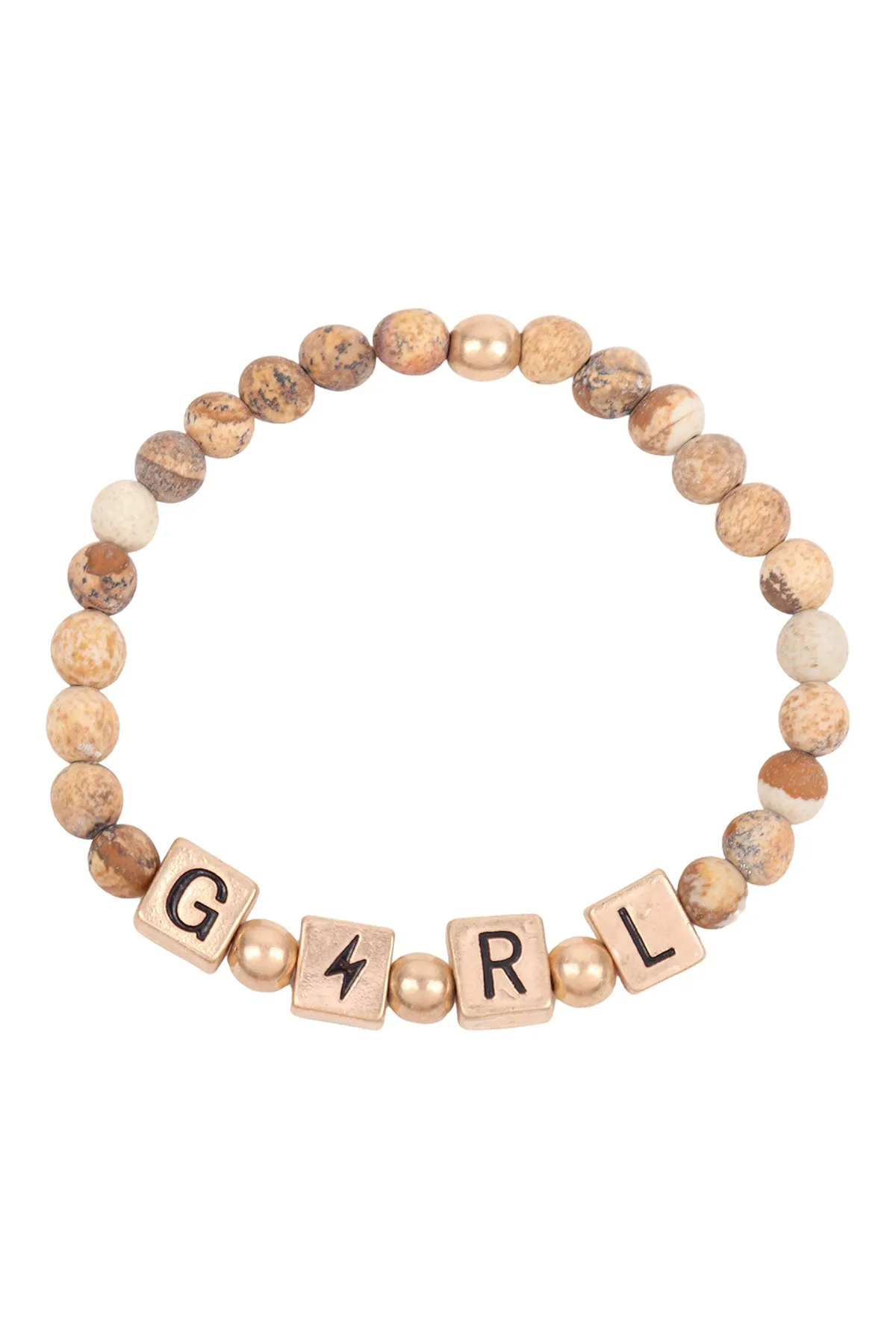 QB2150 - "GIRL" METAL BLOCK NATURAL STONE STRETCH BRACELET