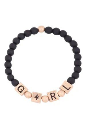 QB2150 - "GIRL" METAL BLOCK NATURAL STONE STRETCH BRACELET