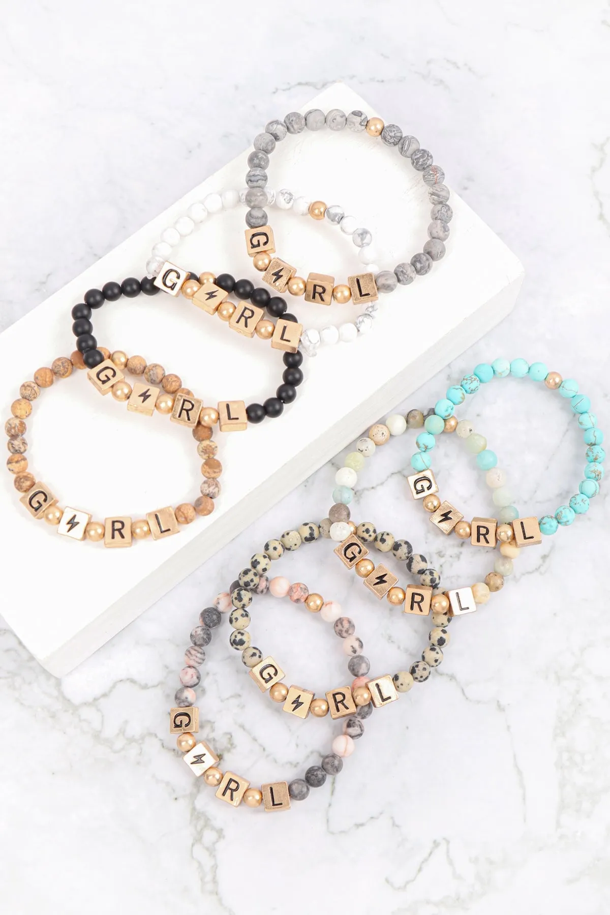 QB2150 - "GIRL" METAL BLOCK NATURAL STONE STRETCH BRACELET