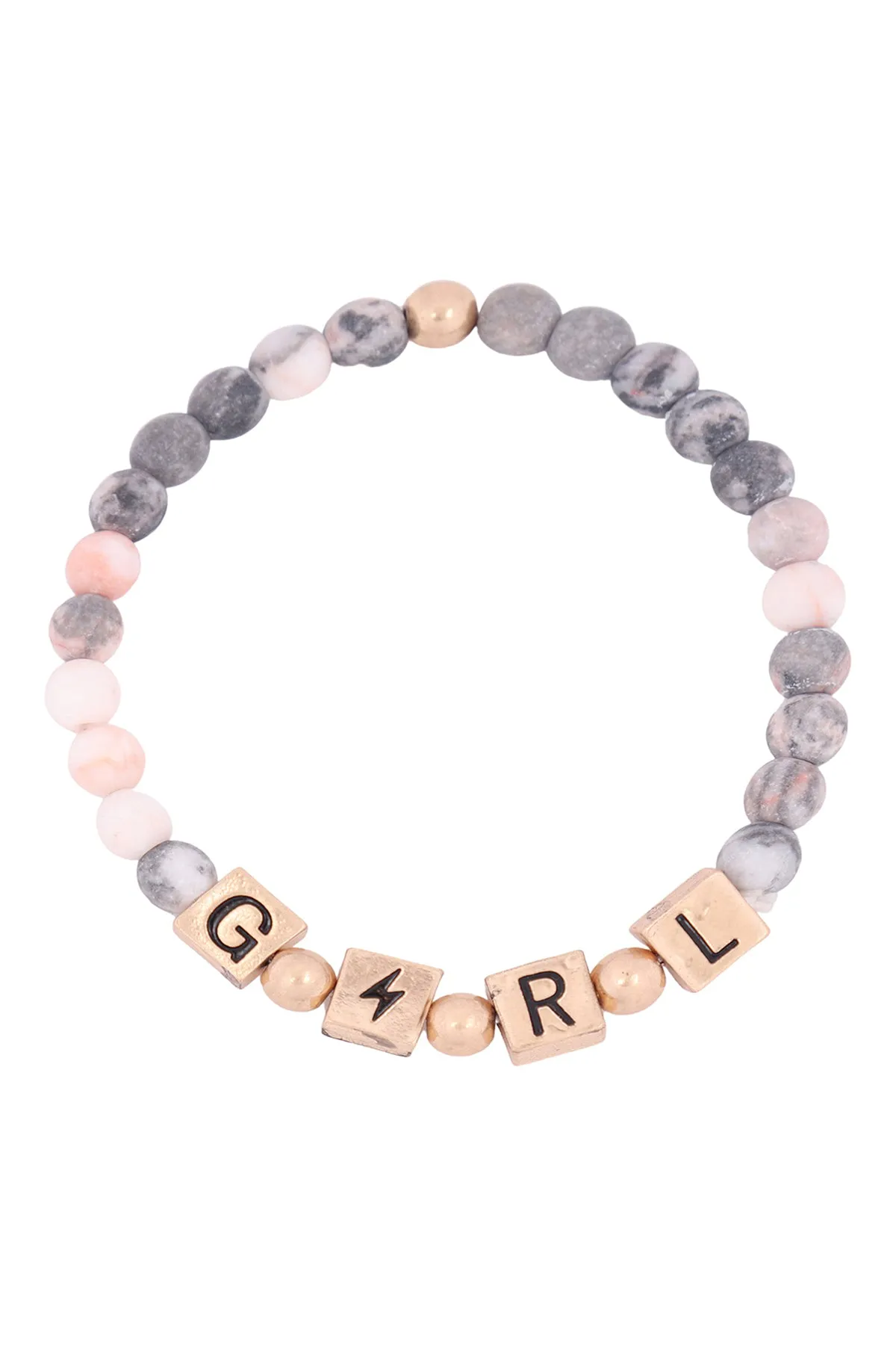 QB2150 - "GIRL" METAL BLOCK NATURAL STONE STRETCH BRACELET