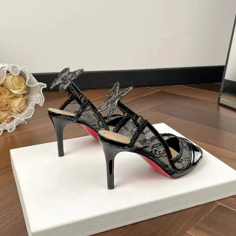 Red Bottom Mesh Bowknot Fish Mouth High-heeled Strap Sandals