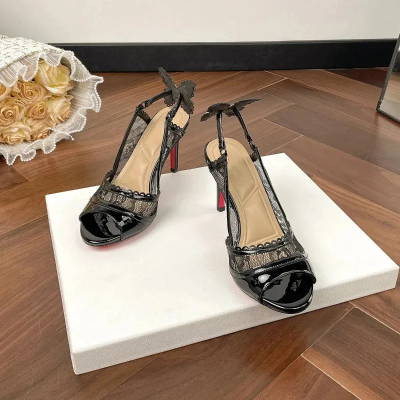Red Bottom Mesh Bowknot Fish Mouth High-heeled Strap Sandals