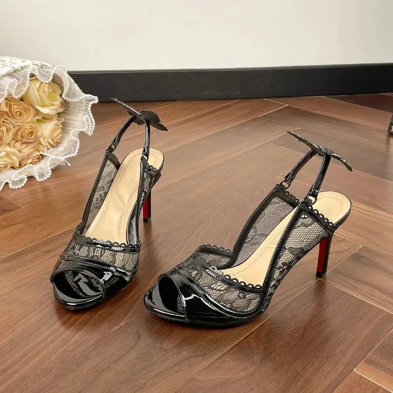 Red Bottom Mesh Bowknot Fish Mouth High-heeled Strap Sandals
