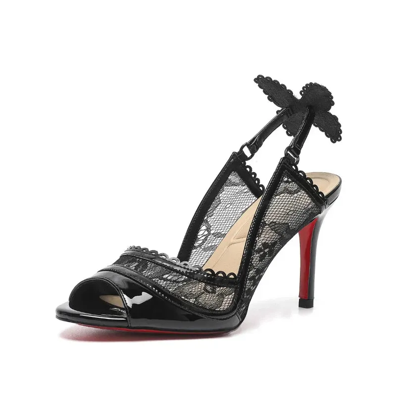 Red Bottom Mesh Bowknot Fish Mouth High-heeled Strap Sandals