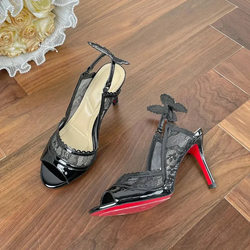 Red Bottom Mesh Bowknot Fish Mouth High-heeled Strap Sandals