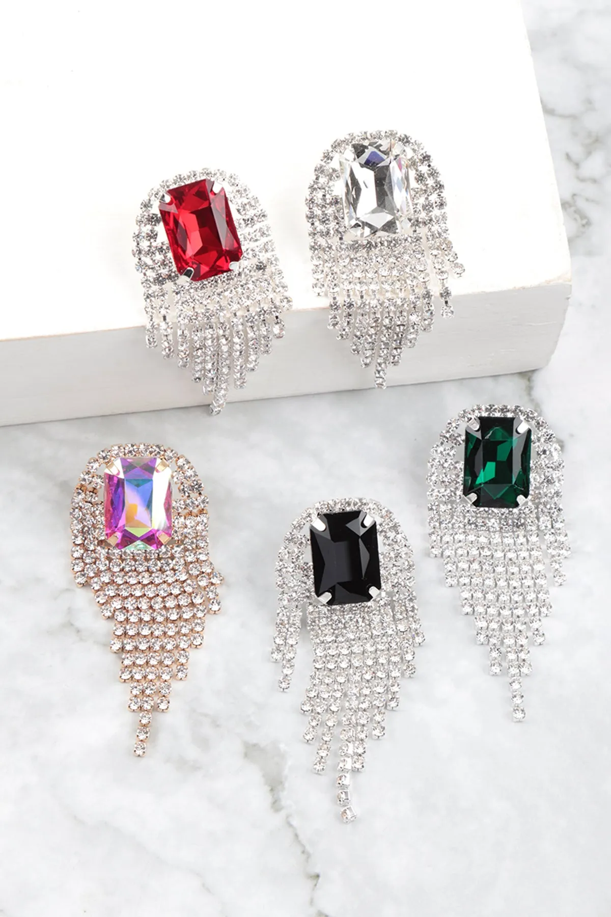 RHINESTONE SQUARE FRINGE TASSEL EARRINGS