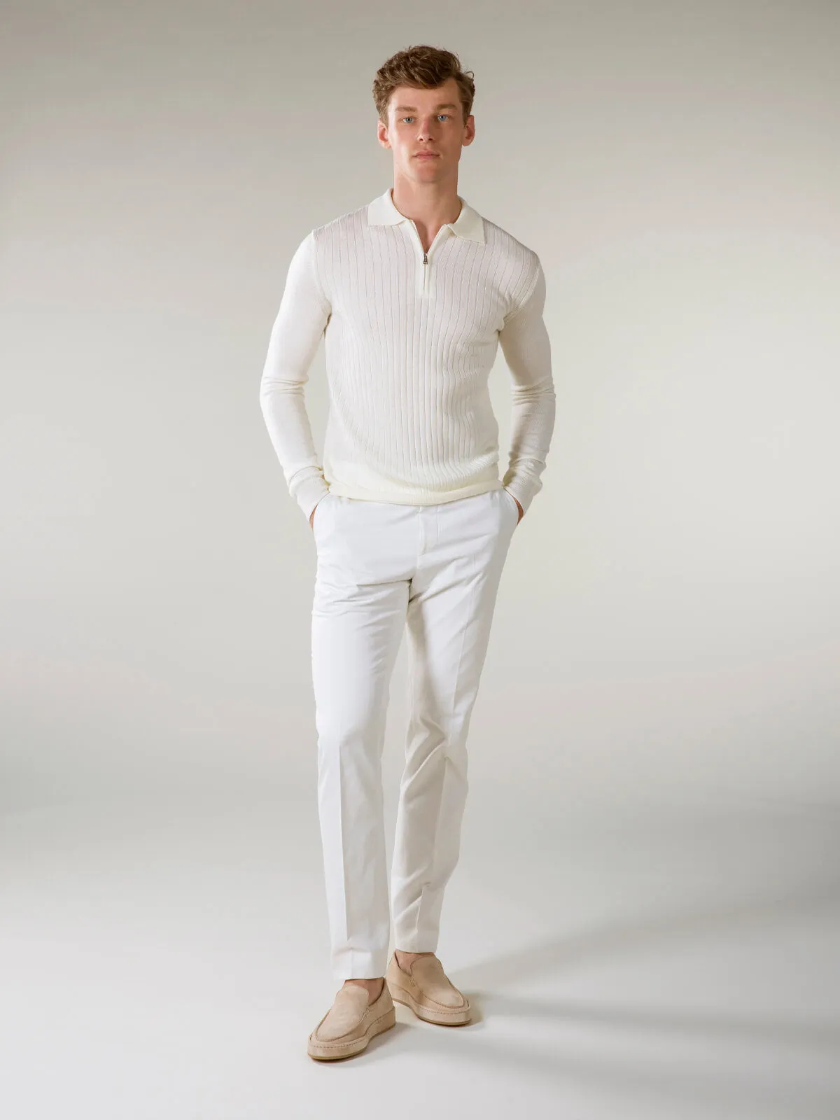 Ribbed Zipper Polo Ivory