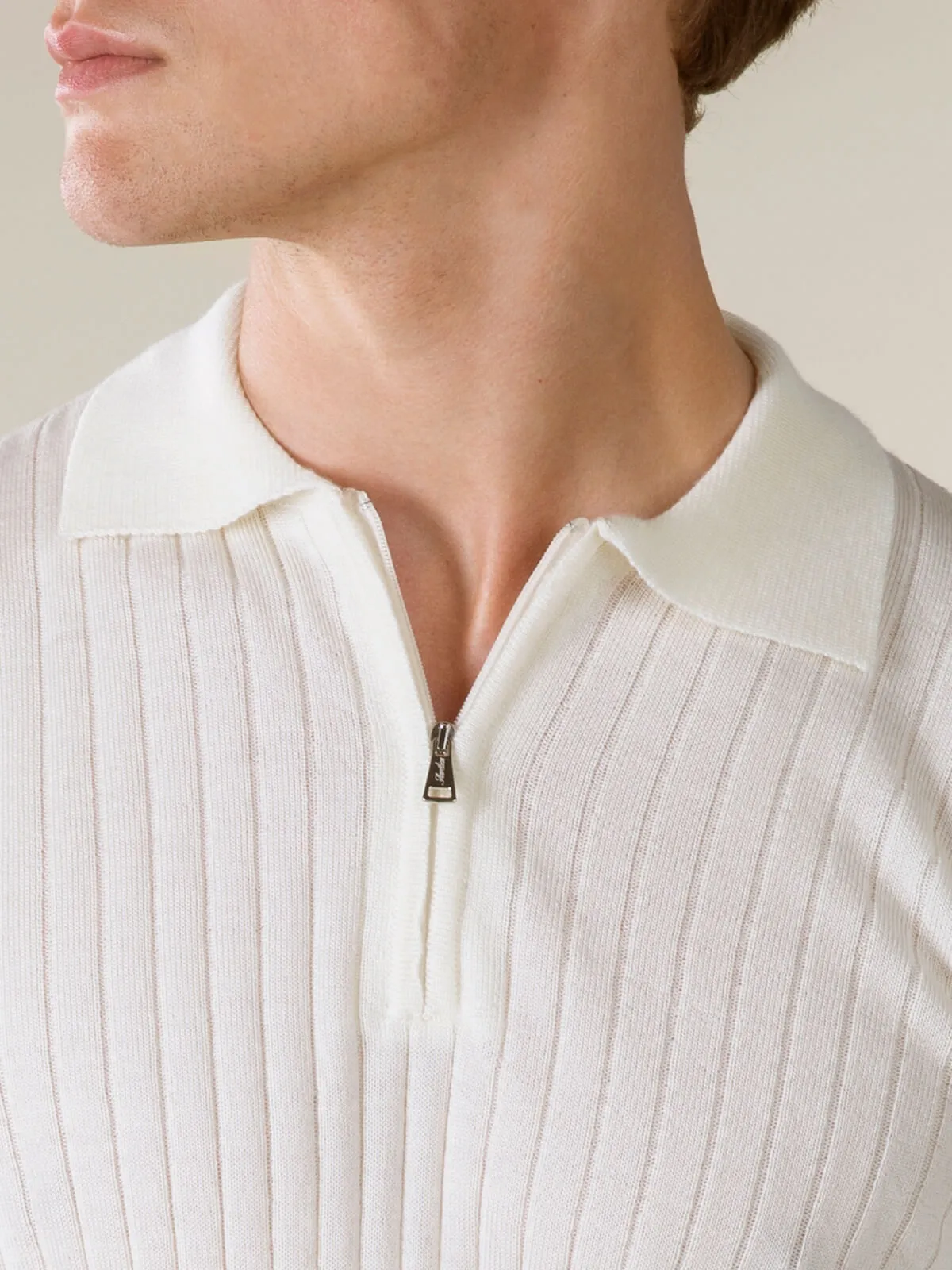 Ribbed Zipper Polo Ivory