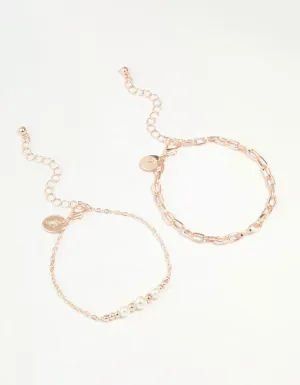 Rose Gold Chain Link & Pearl 2-Pack Bracelet