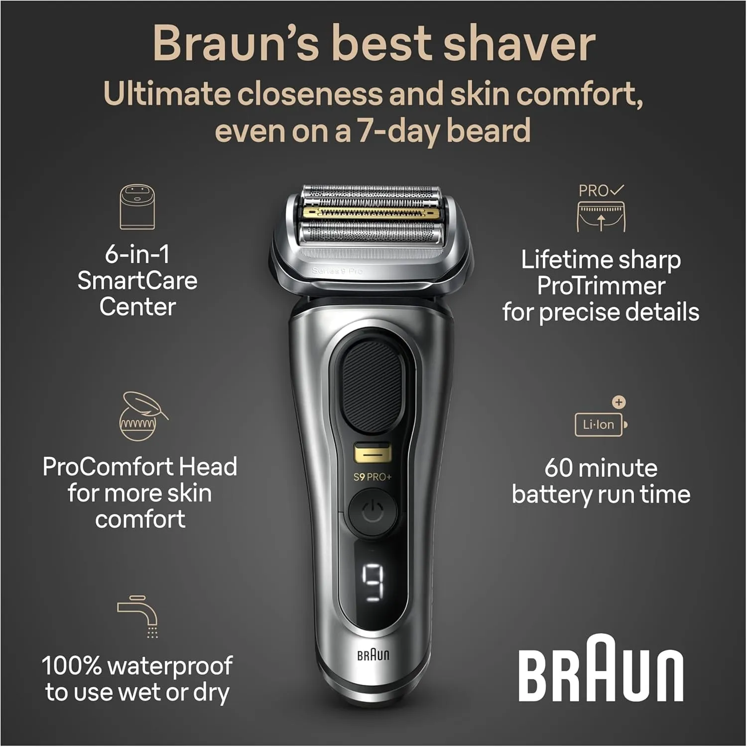 Series 9 PRO  Electric Razor for Men, 5 Pro Shaving Elements and Shave-Preparing Procomfort Head for Closeness & Skin Comfort, 6In1 Smartcare Center, Wet or Dry Use, Charging Stand, 9597Cc