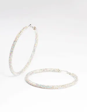 Silver 85mm Diamante Crust Hoop Earrings