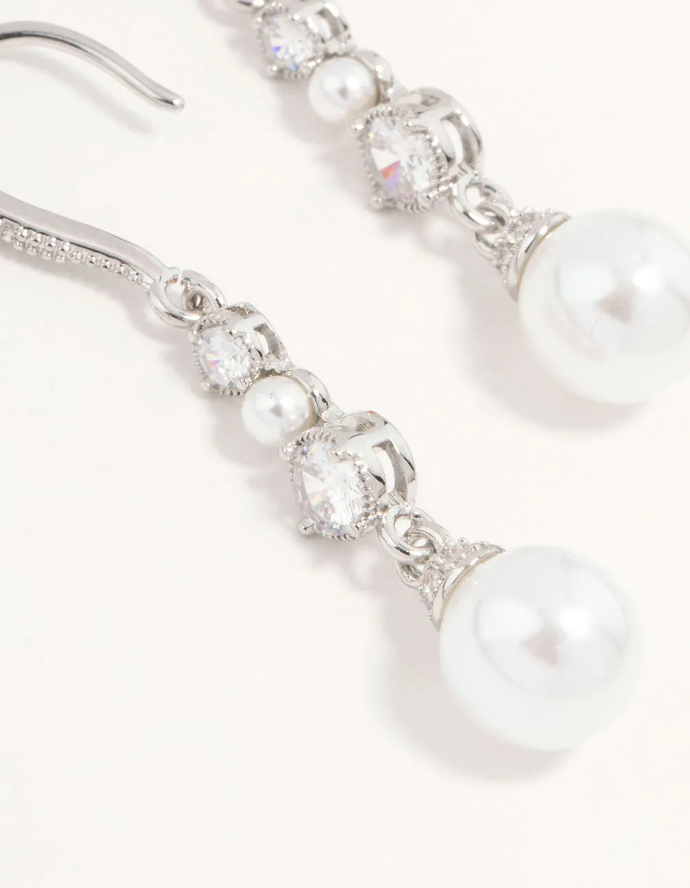 Silver Pearl & Cubic Zirconia Drop Hook Earrings