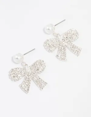 Silver Pearl Diamante Small Bow Drop Earrings