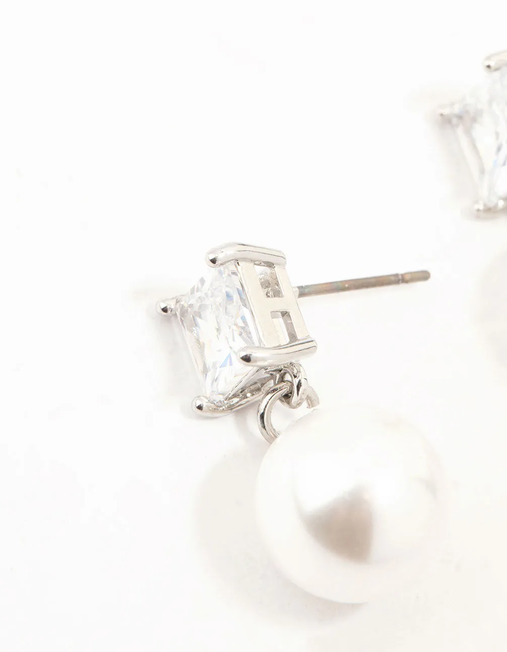 Silver Square Cubic Zirconia & Pearl Drop Earrings
