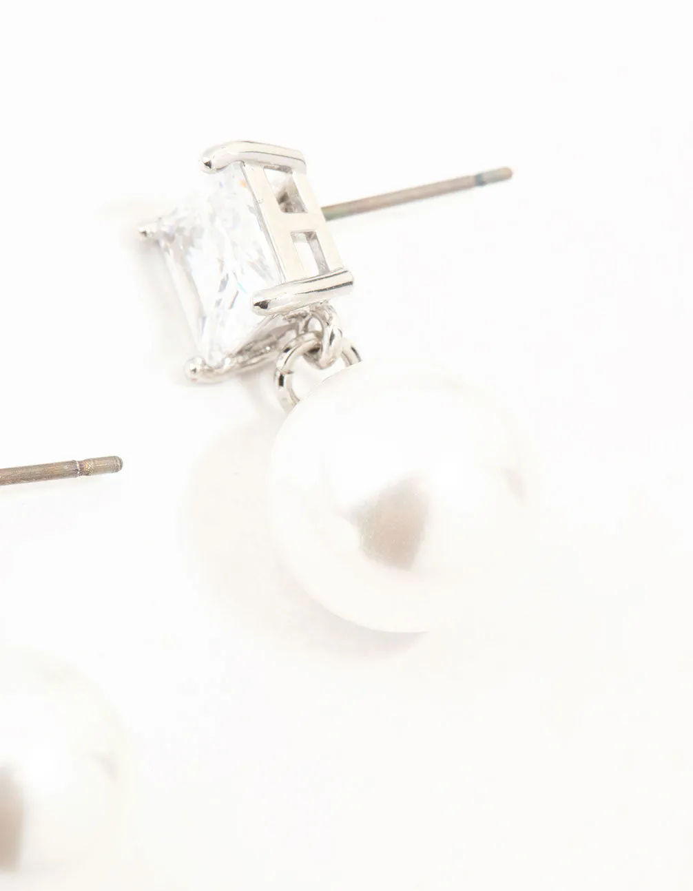 Silver Square Cubic Zirconia & Pearl Drop Earrings