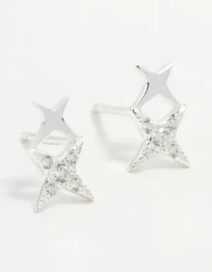 Sterling Silver Cubic Zirconia Double Star Stud Earrings
