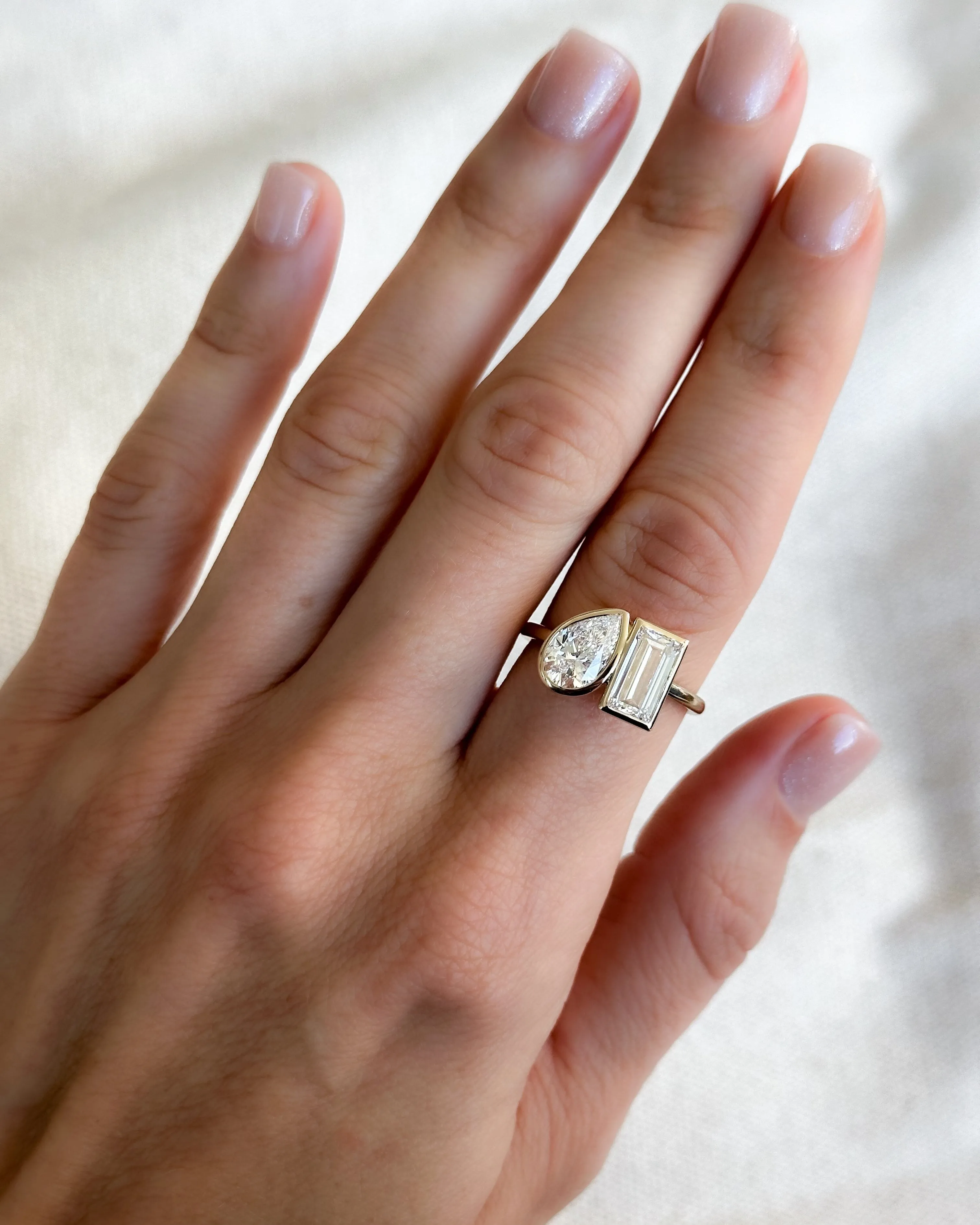 Toi et Moi Bezel Engagement Ring with Pear and Baguette Cuts