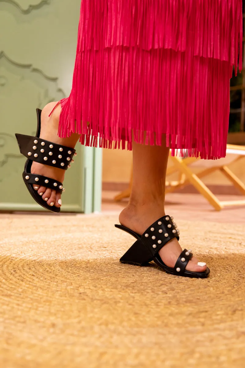 Viviane Pearl Inlay Leather Heeled Sandal - Black