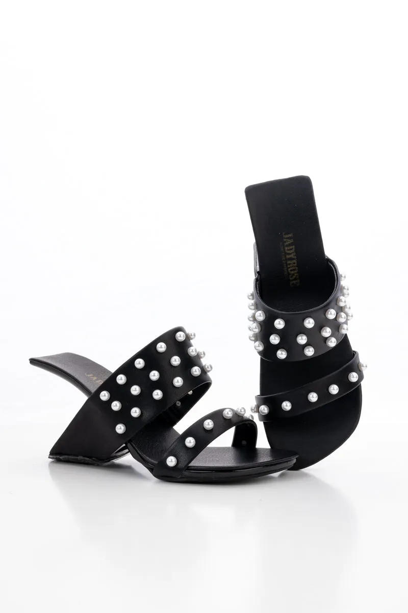 Viviane Pearl Inlay Leather Heeled Sandal - Black