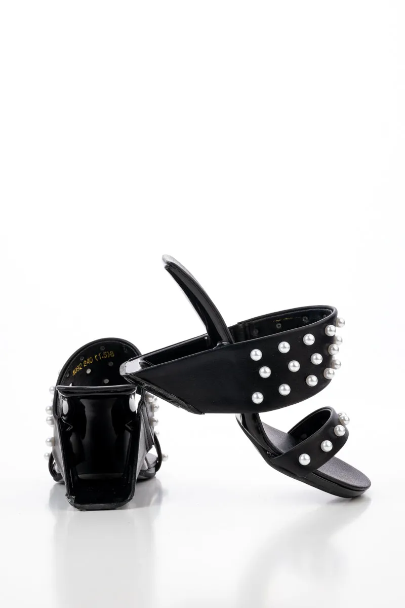 Viviane Pearl Inlay Leather Heeled Sandal - Black