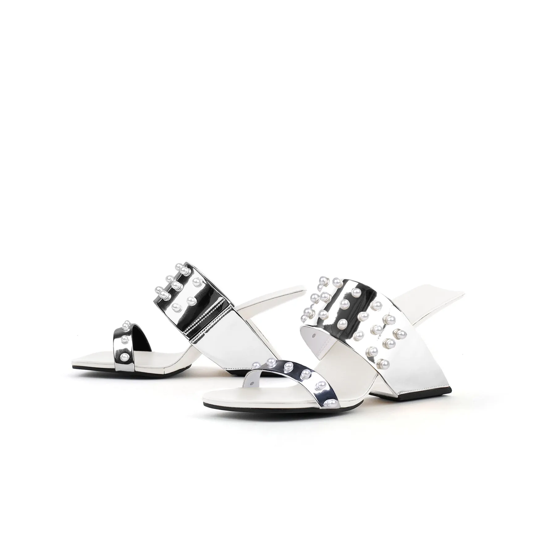 Viviane Pearl Inlay Leather Heeled Sandal - Silver