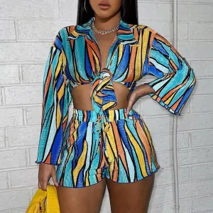 Vivid Striped Tie-Front Collared Top & Drawstring Shorts Set