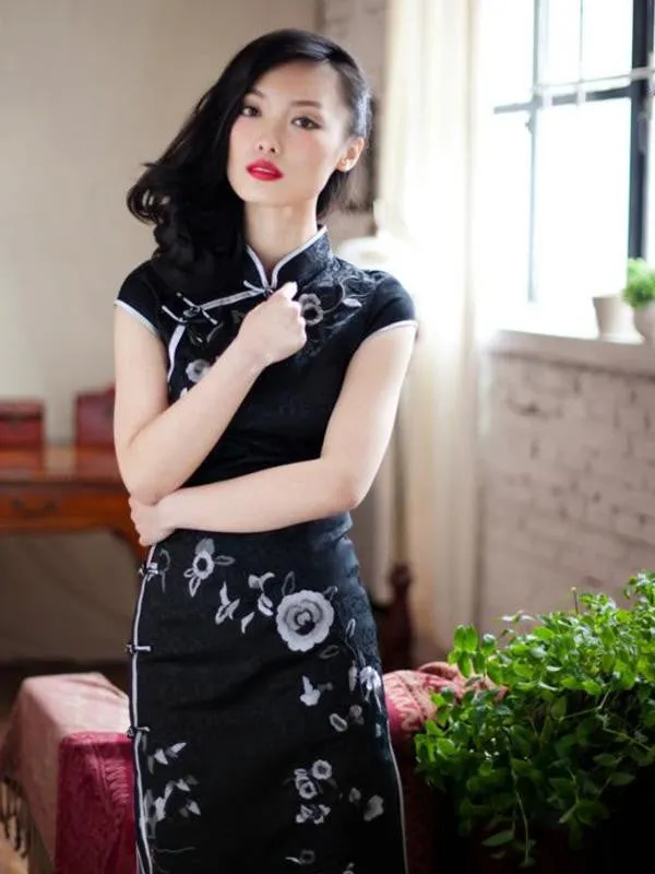 watercolor floral embroidery Chi-Pao dress