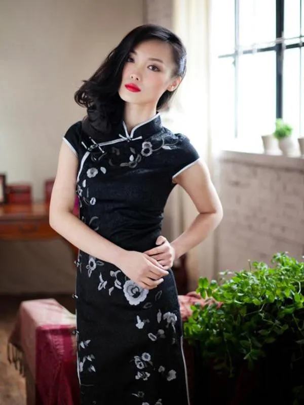watercolor floral embroidery Chi-Pao dress