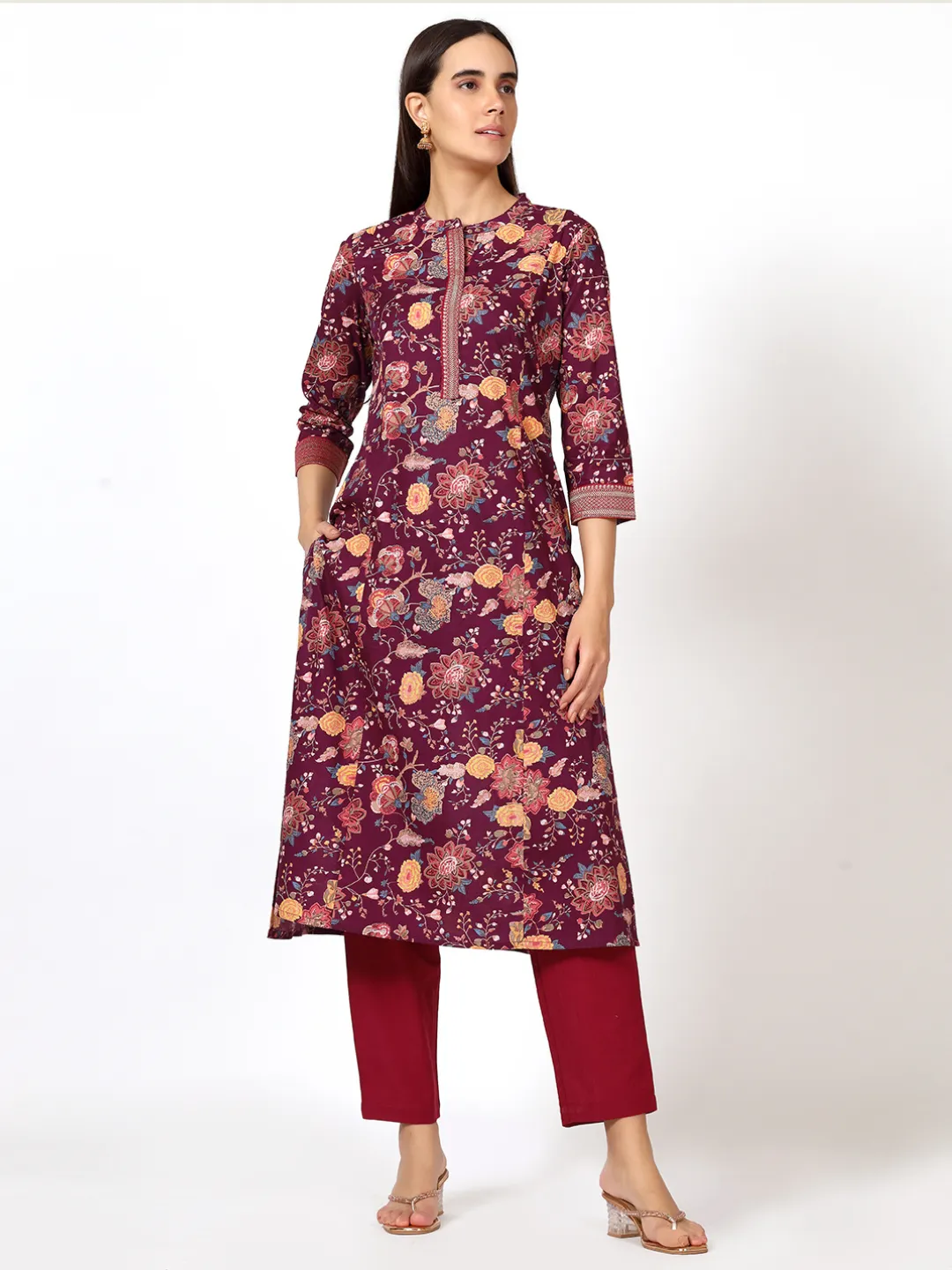 Wine Floral Print Cotton Kurta with Brocade Lace