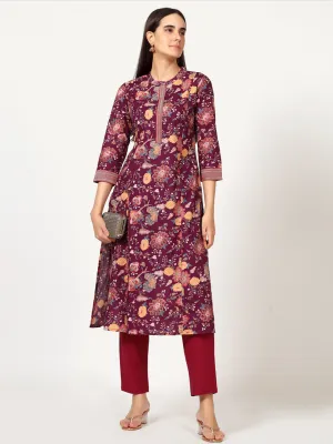 Wine Floral Print Cotton Kurta with Brocade Lace
