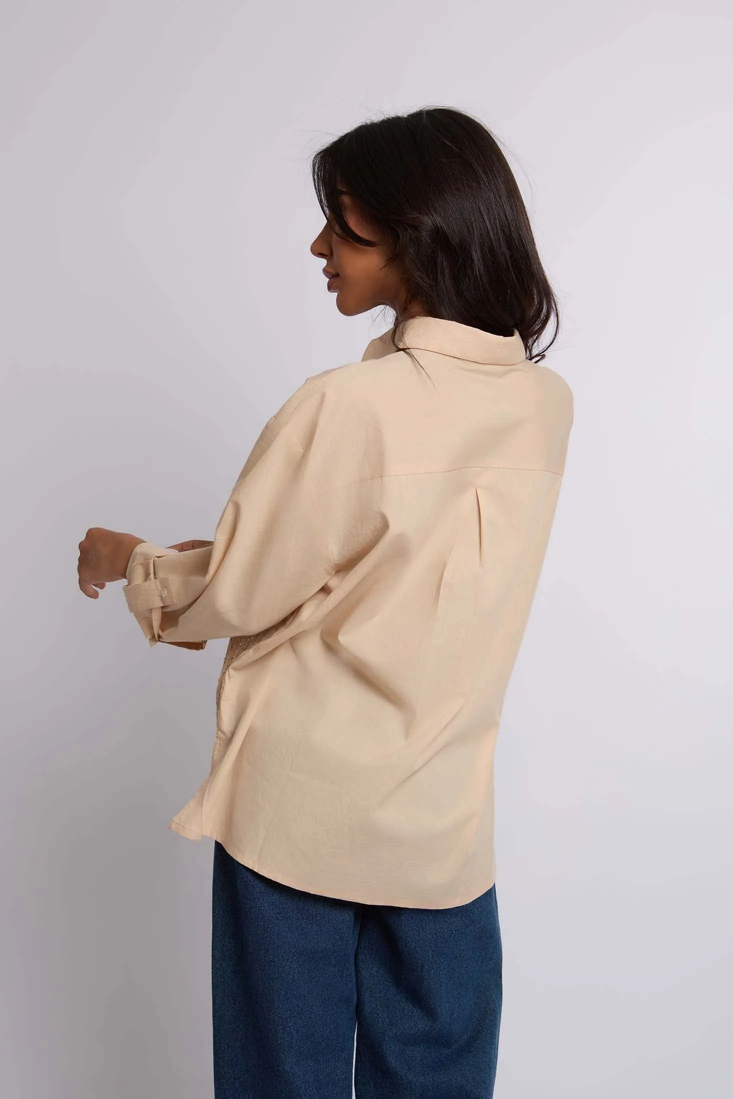 Women Blouse Lace Shirt With Long Sleeves Beige