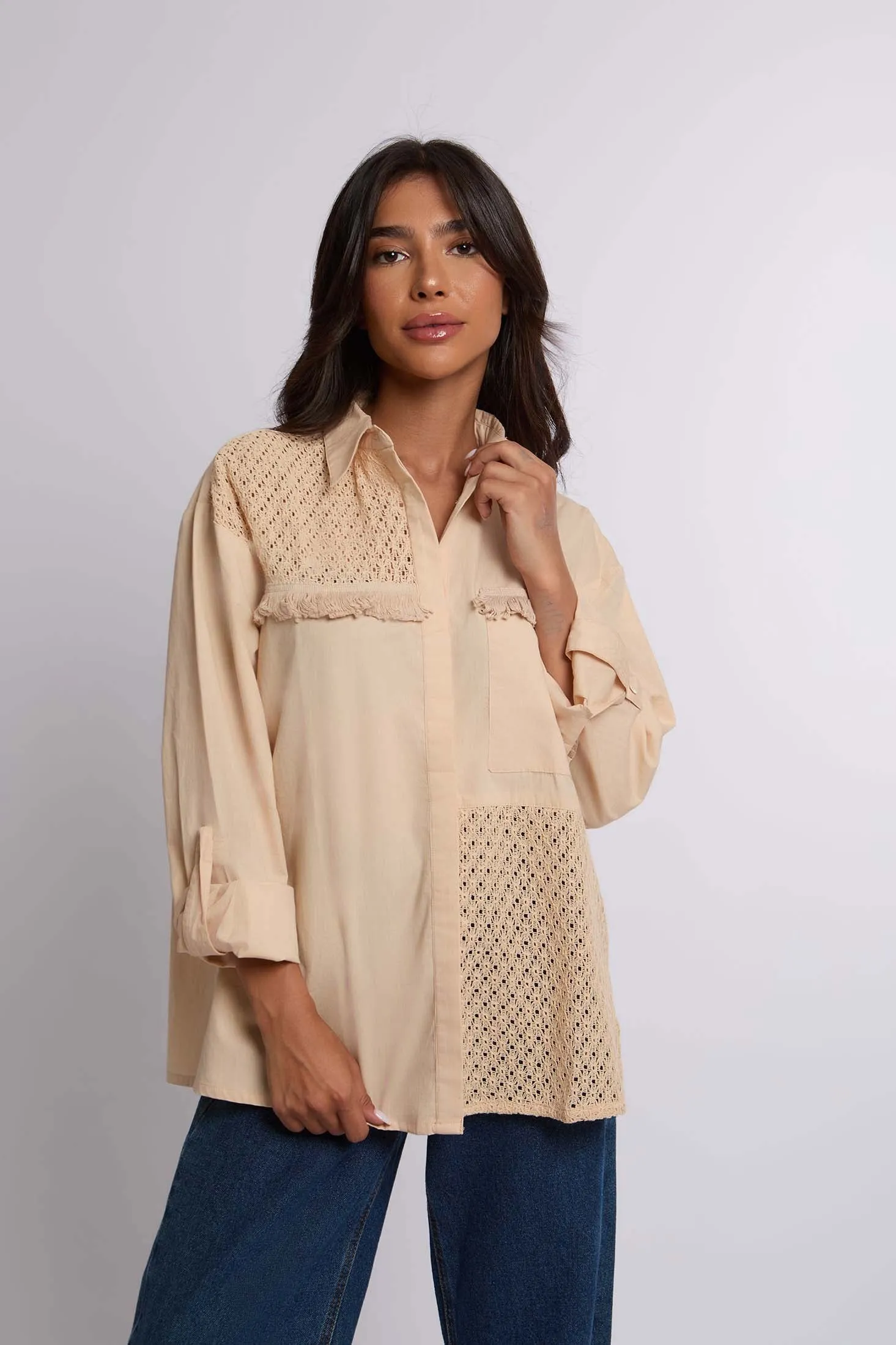 Women Blouse Lace Shirt With Long Sleeves Beige
