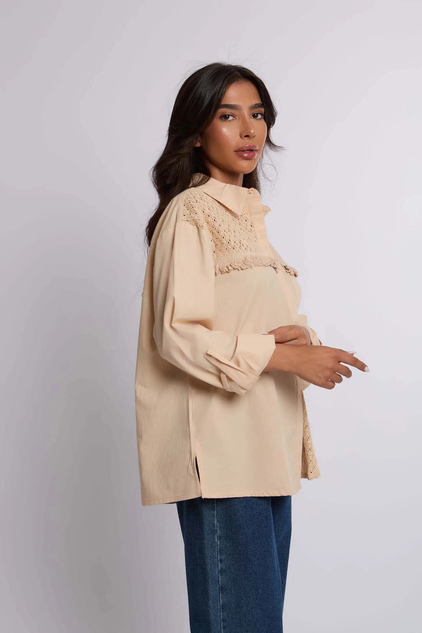Women Blouse Lace Shirt With Long Sleeves Beige