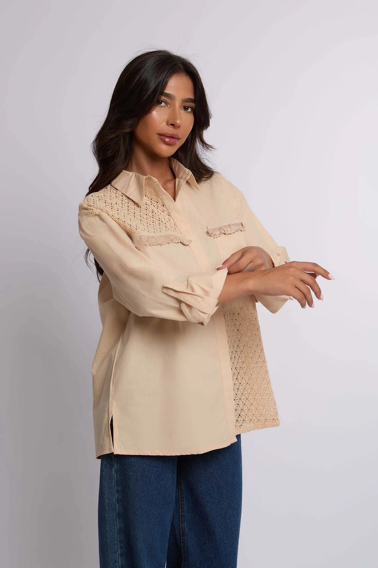 Women Blouse Lace Shirt With Long Sleeves Beige